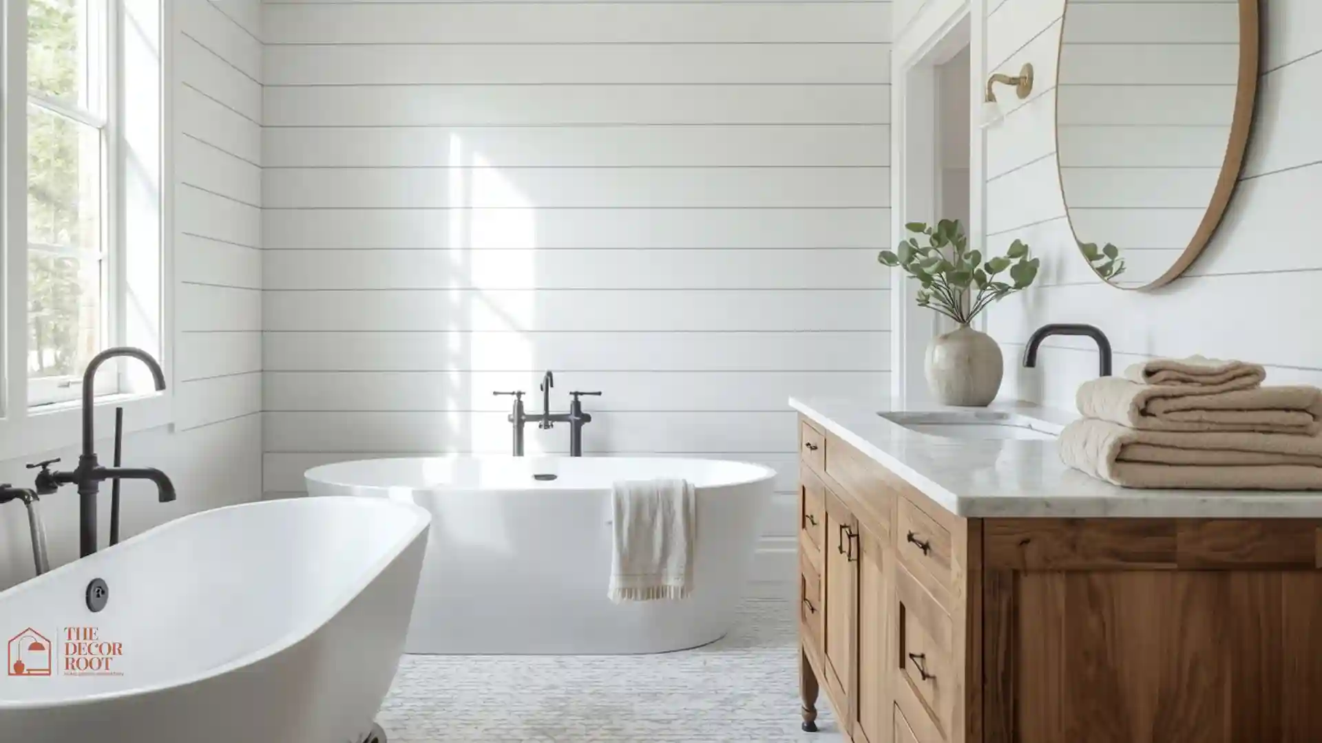 Bright modern farmhouse bathroom ideas featuring shiplap walls, a freestanding soaking tub, and matte black fixtures