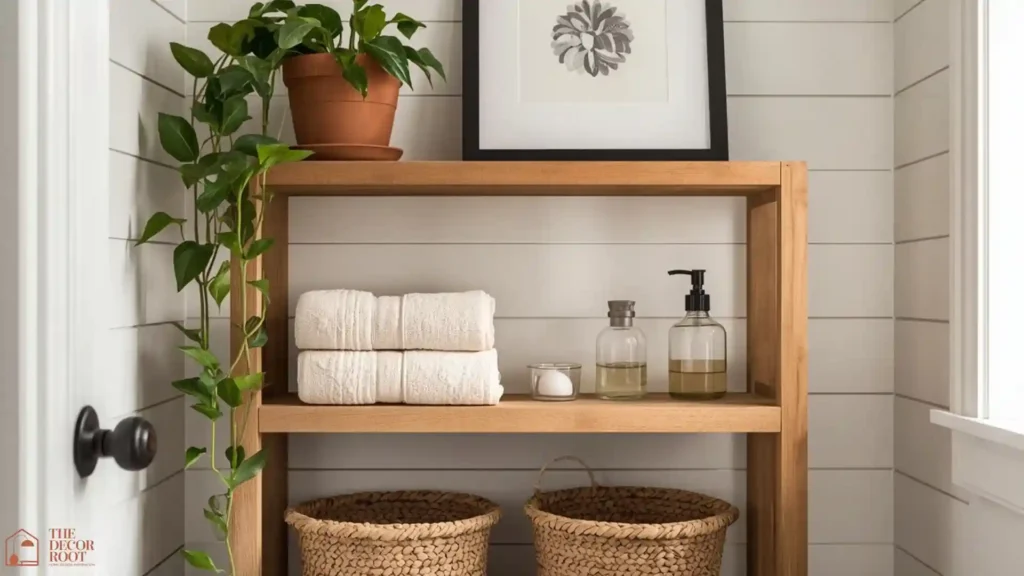Modern farmhouse bathroom ideas featuring open wood shelving with woven baskets, white towels, and greenery