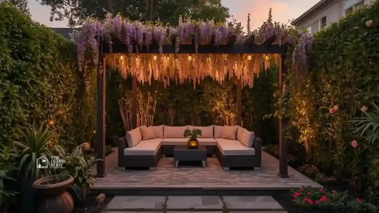 Secluded backyard design with string lights, lush potted plants, and a cozy seating nook that feels like a private outdoor retreat.