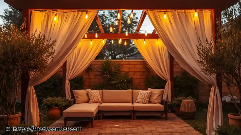Private backyard with white outdoor curtains, string lights, and pergola backyard ideas that feel like a private world