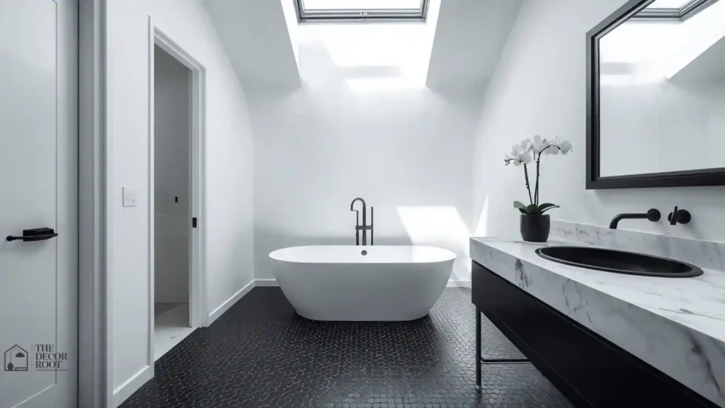 Bold black and white bathroom ideas with graphic hex tile floor, white freestanding tub, and black accents