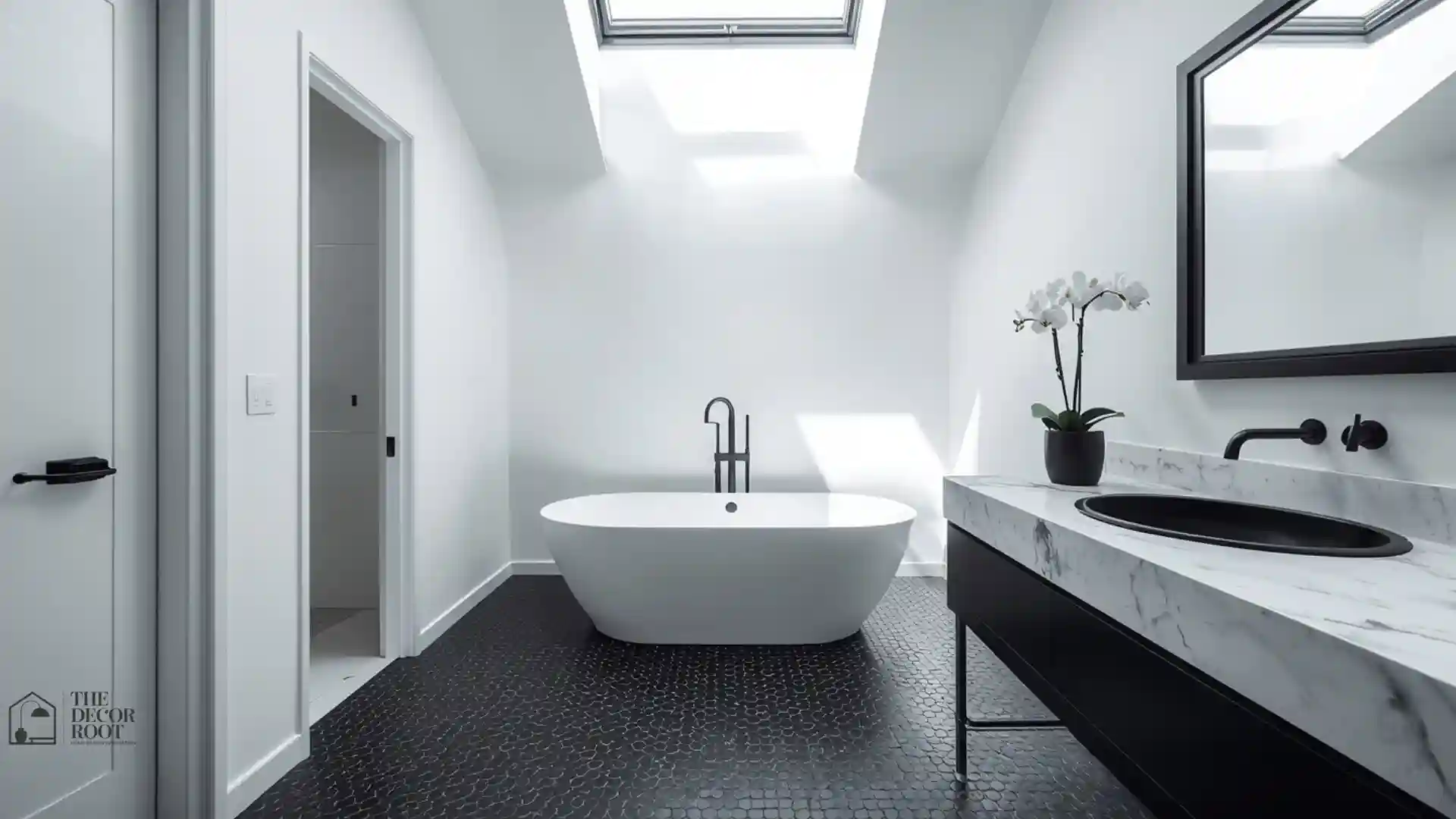 Bold black and white bathroom ideas with graphic hex tile floor, white freestanding tub, and black accents