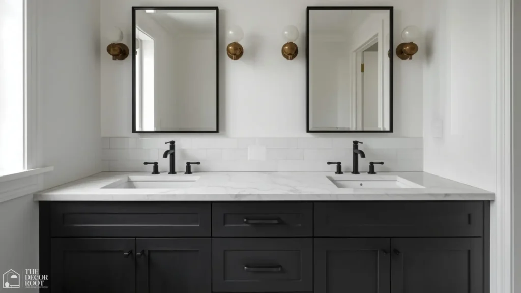 Black and white bathroom ideas featuring a black vanity with white marble countertop and matte black mirror