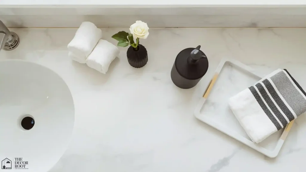Black and white bathroom ideas with styled accessories black ceramic soap dispenser, white towels, striped mat