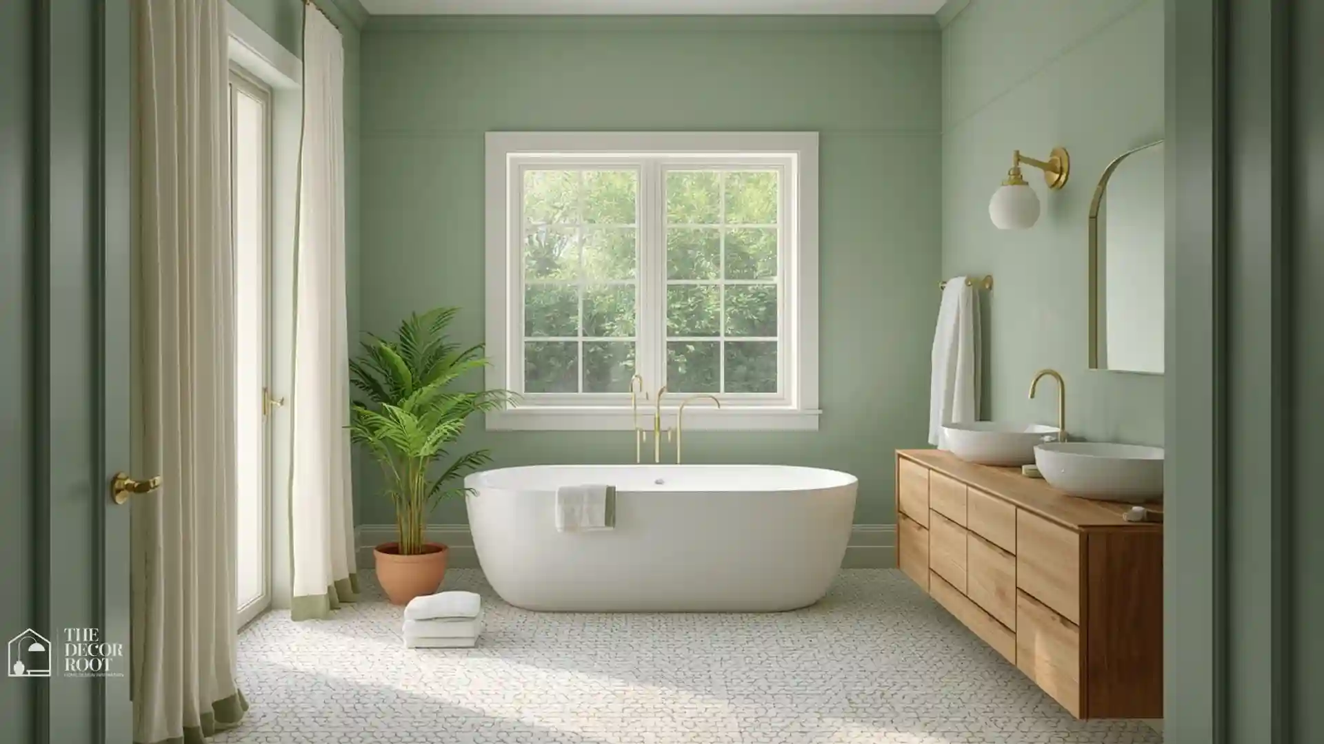 Fresh green bathroom ideas with sage green walls, white fixtures, and warm wood accents