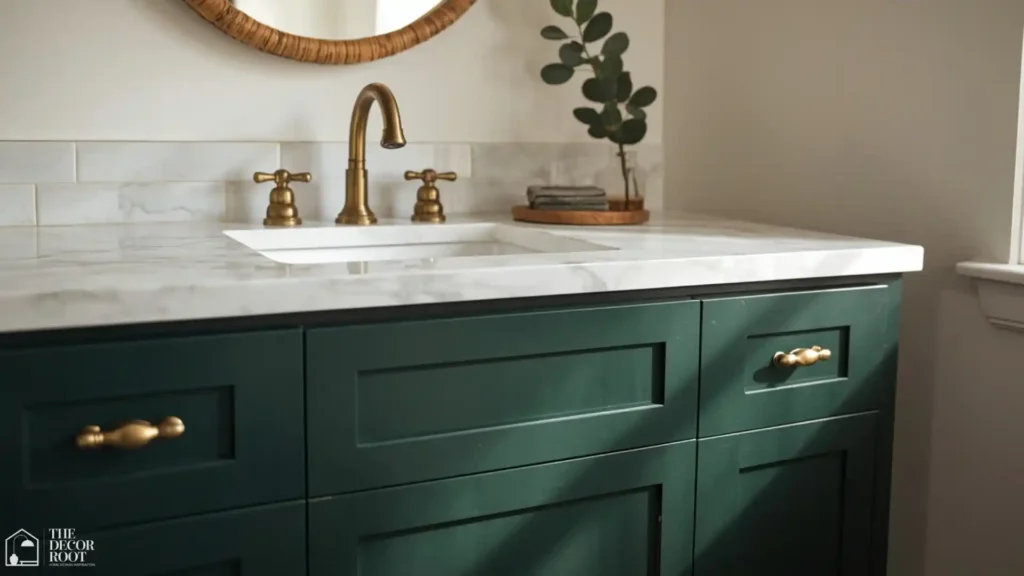 Green bathroom ideas with deep forest green painted vanity, brass hardware, and white marble countertop