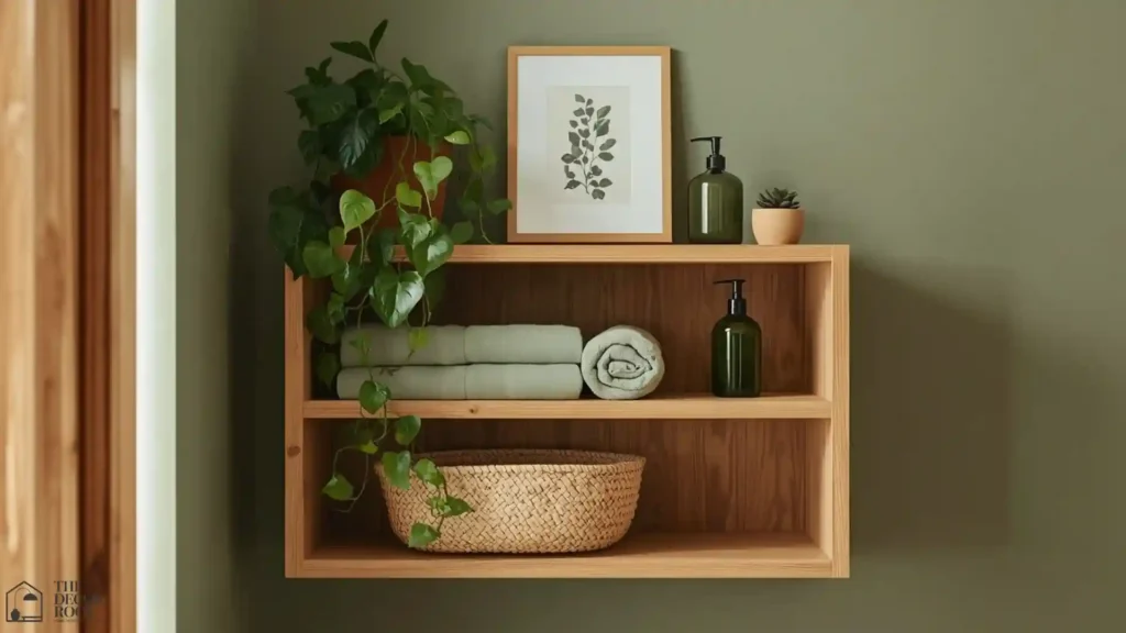 Green bathroom ideas with open shelf styled with trailing plants, sage towels, and terracotta pots