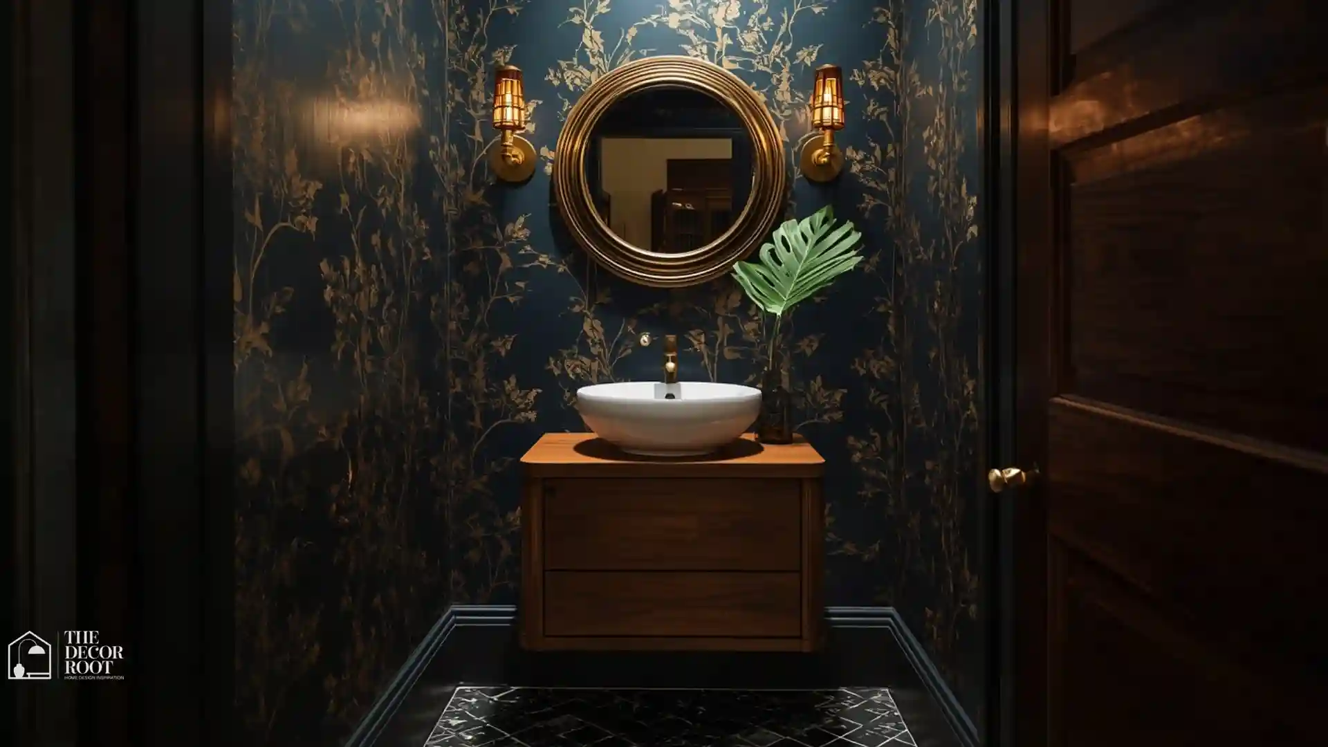 Bold half bathroom design ideas with graphic wallpaper, vessel sink, and dramatic wall sconces