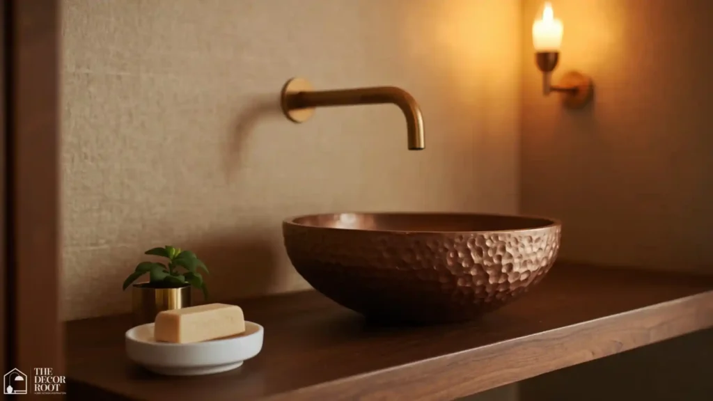Half bathroom design ideas with hammered copper vessel sink, wall-mounted brass faucet, and dark wood vanity