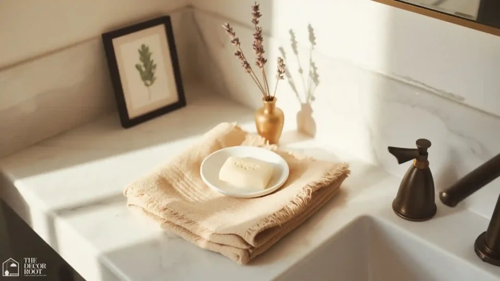 Half bathroom design ideas — beautifully styled accessories including a folded linen hand towel, soap dish, and small art print