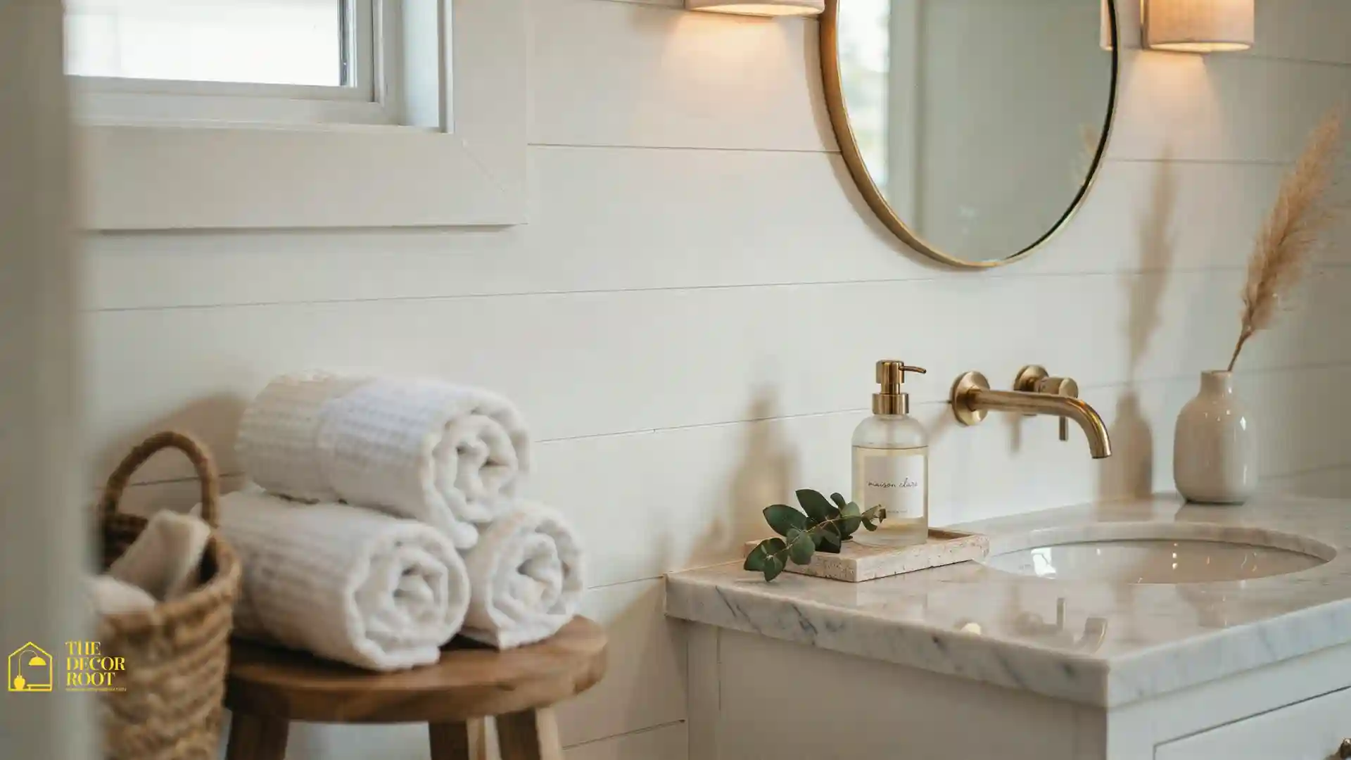 Beautifully styled guest bathroom ideas featuring a marble vanity, gold fixtures, and fresh white towels