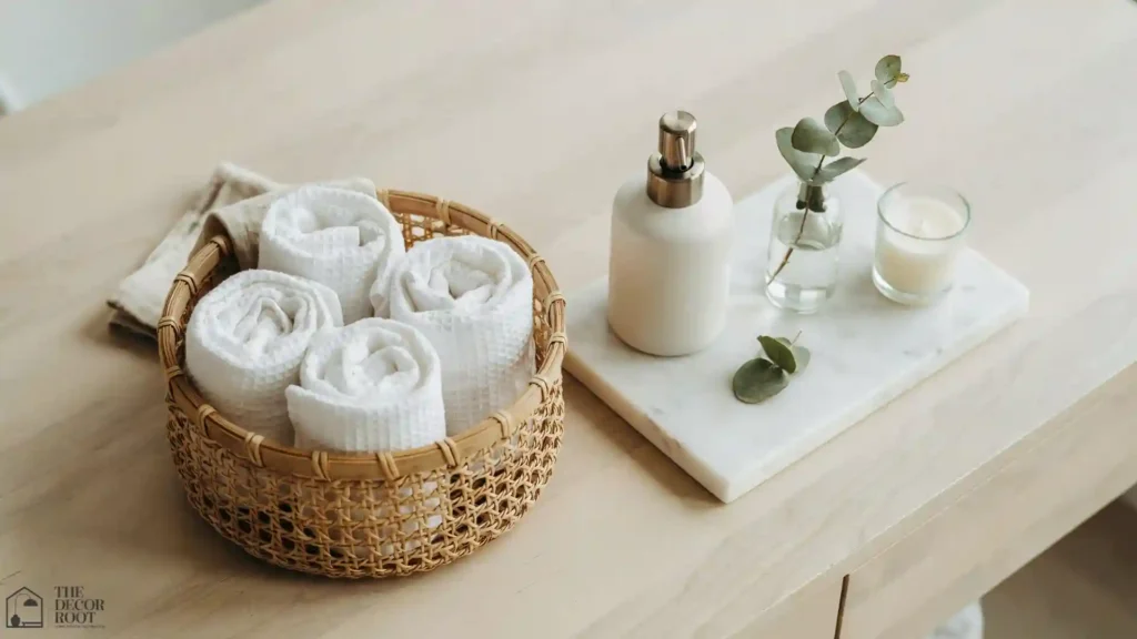Close-up of guest bathroom ideas in action ,rolled white towels in a rattan basket beside a eucalyptus stem and hand soap dispenser