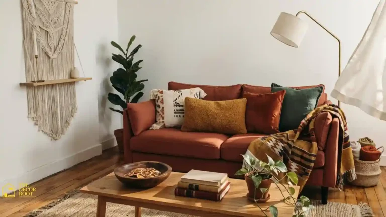 Afro Boho living room ideas featuring layered textiles, a woven wall hanging, kente-inspired throw pillows, and natural wood furniture