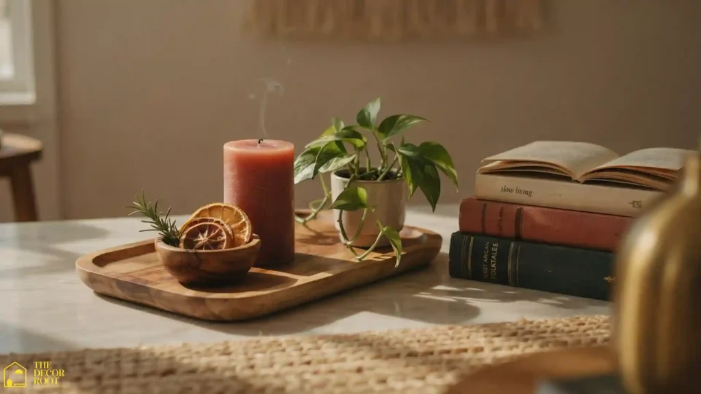 Afro Boho living room ideas coffee table vignette with stacked books, terracotta candle, wooden tray, and trailing plant