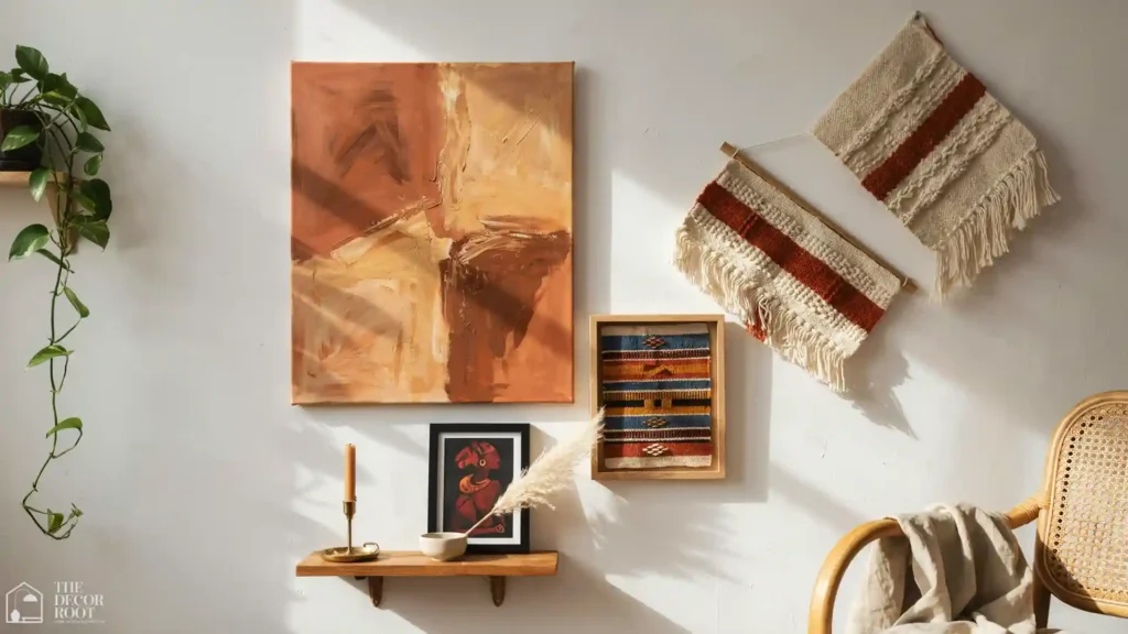 Afro Boho living room ideas gallery wall with African art prints, woven wall hanging, and framed kente-inspired textile