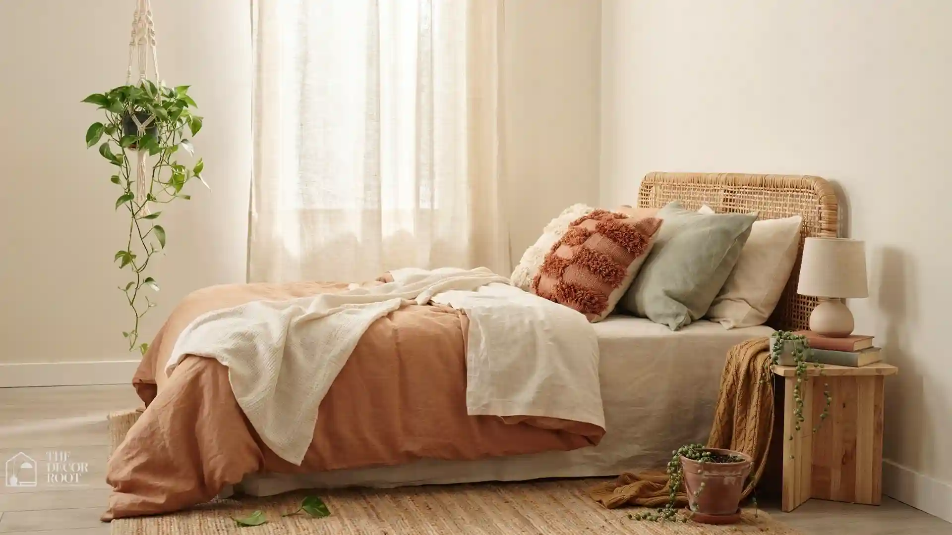 Earthy boho bedroom ideas featuring layered linen bedding in terracotta and cream, a rattan headboard, and a trailing plant