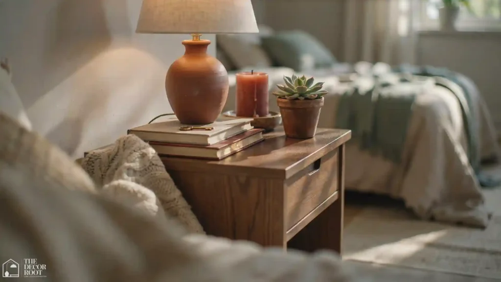 Earthy boho bedroom ideas nightstand styling vignette with ceramic lamp, terracotta candle, succulent, and stacked books