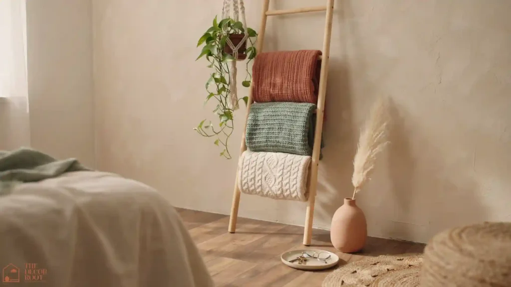 Earthy boho bedroom ideas wooden blanket ladder with folded throws, dried pampas grass, and trailing plants against a warm wall