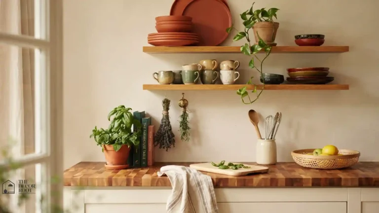 Boho kitchen ideas featuring open wooden shelves styled with terracotta dishes, vintage ceramics, trailing plants, and woven baskets