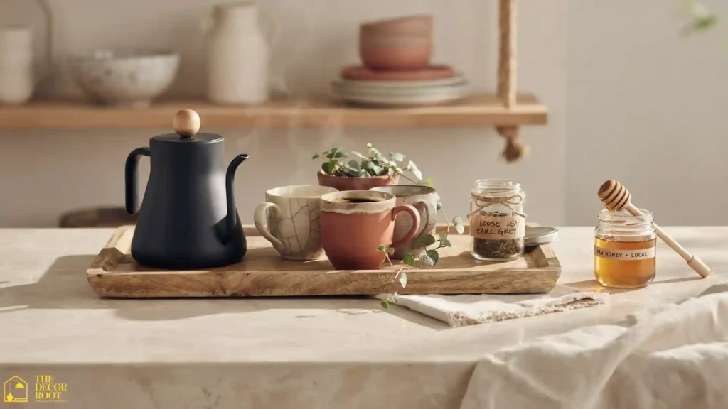 Boho kitchen ideas coffee and tea station with a ceramic kettle, vintage mugs, a small plant, and a wooden tray on the counter