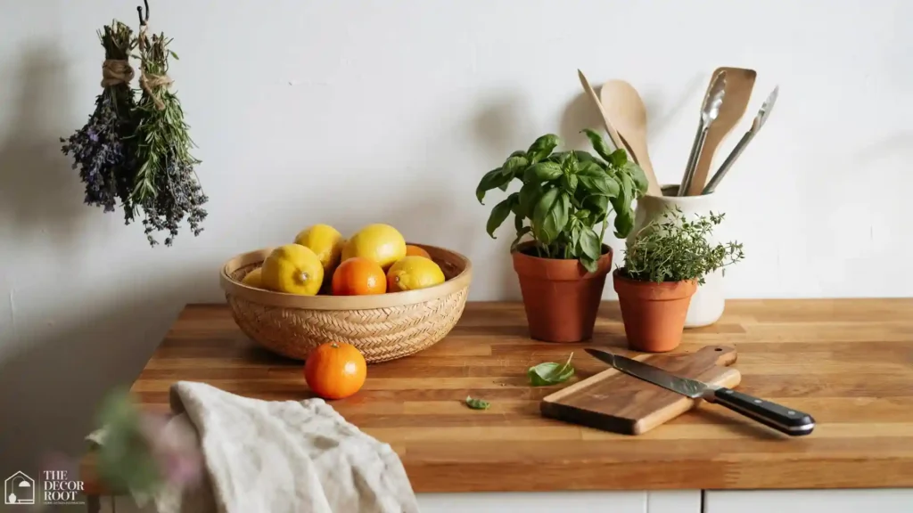 Boho kitchen ideasdried herb bundles hanging above a butcher block counter with a rattan fruit bowl, terracotta pots, and wooden utensils