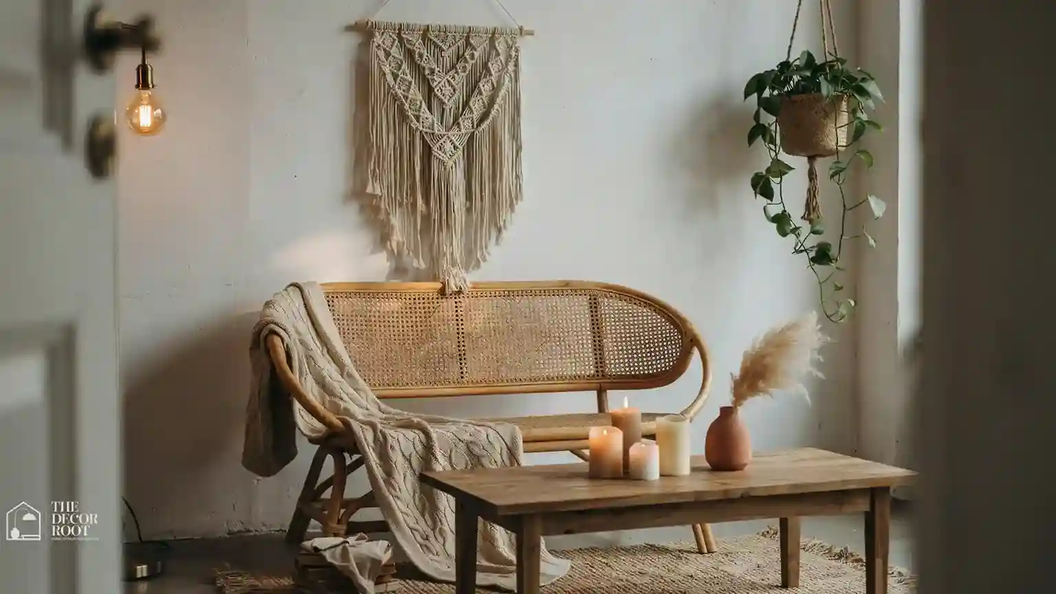 22 boho apartment ideas for small soulful spaces cozy studio with macramé, plants, and warm amber lighting
