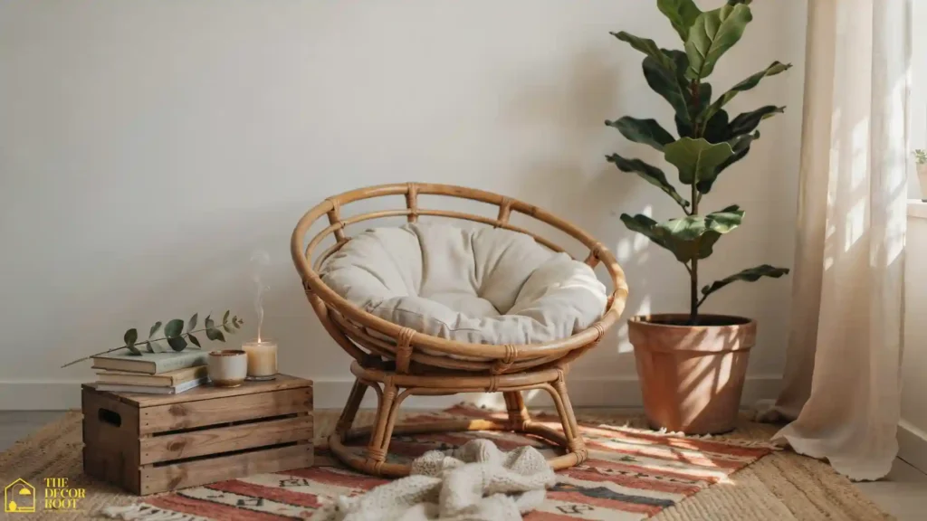 Boho apartment styling with rattan chair, layered kilim rugs, and terracotta pots for a small soulful space
