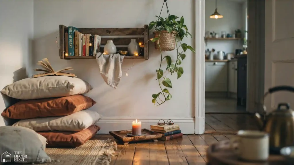 Cozy boho apartment reading nook with fairy lights, floor cushions, and trailing plants for a soulful small space