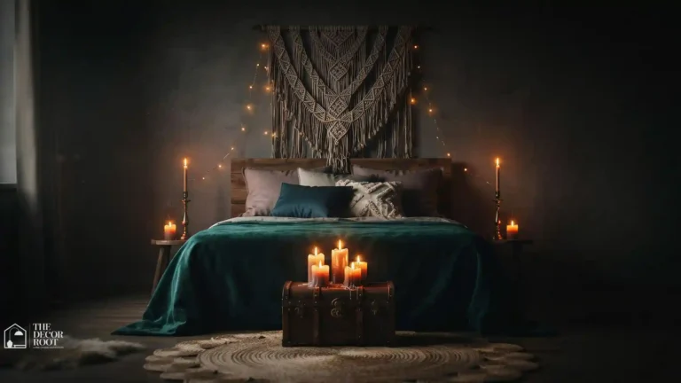 23 dark boho bedroom ideas that love the night moody jewel-toned bed with velvet pillows, candles, and macramé