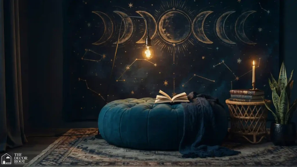 Dark boho bedroom reading nook with velvet pouf, iron floor lamp, and celestial tapestry wall for a night-loving space