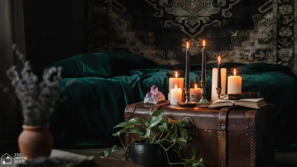 Dark boho bedroom styling with candle cluster on vintage trunk and antique brass holders for a moody night aesthetic