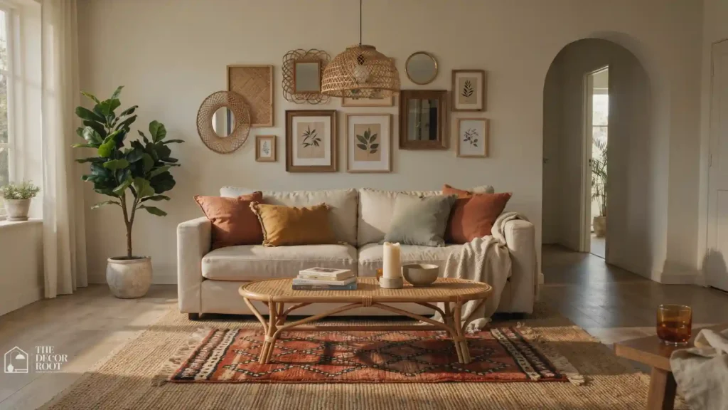 24 boho living room ideas worth a designer, styled sofa with layered kilim rug, macramé, and gallery wall in earthy tones