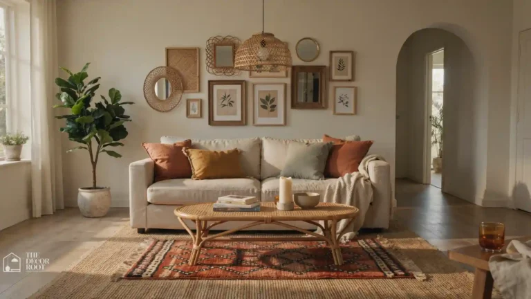 24 boho living room ideas worth a designer, styled sofa with layered kilim rug, macramé, and gallery wall in earthy tones