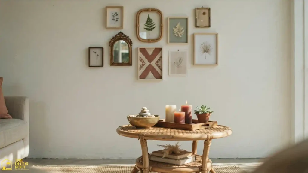 Designer boho living room with rattan coffee table, gallery wall, and layered textiles in earthy terracotta tones