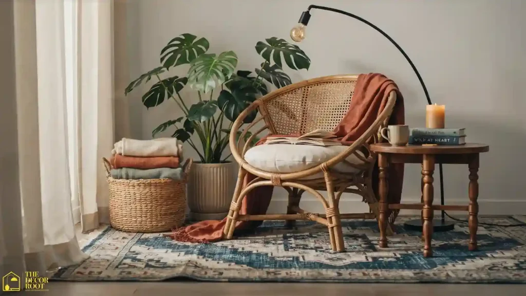Designer boho living room reading corner with rattan chair, floor lamp, and throw basket creating a cozy styled nook
