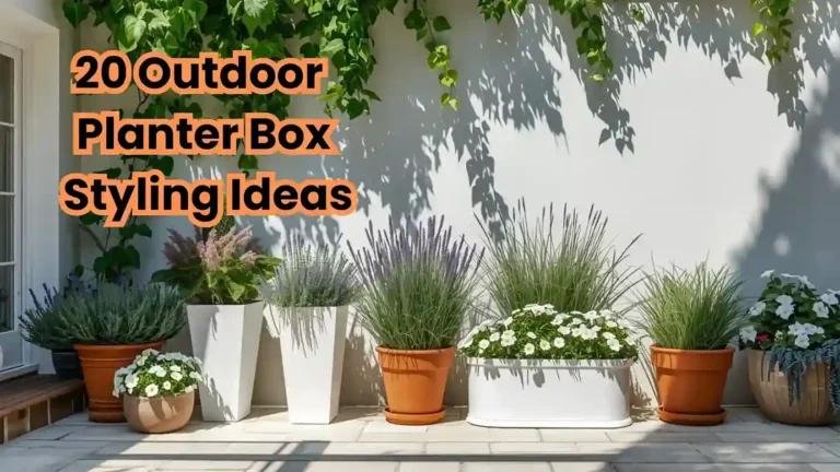 Tiered white planter boxes, ferns, trailing flowers patio.