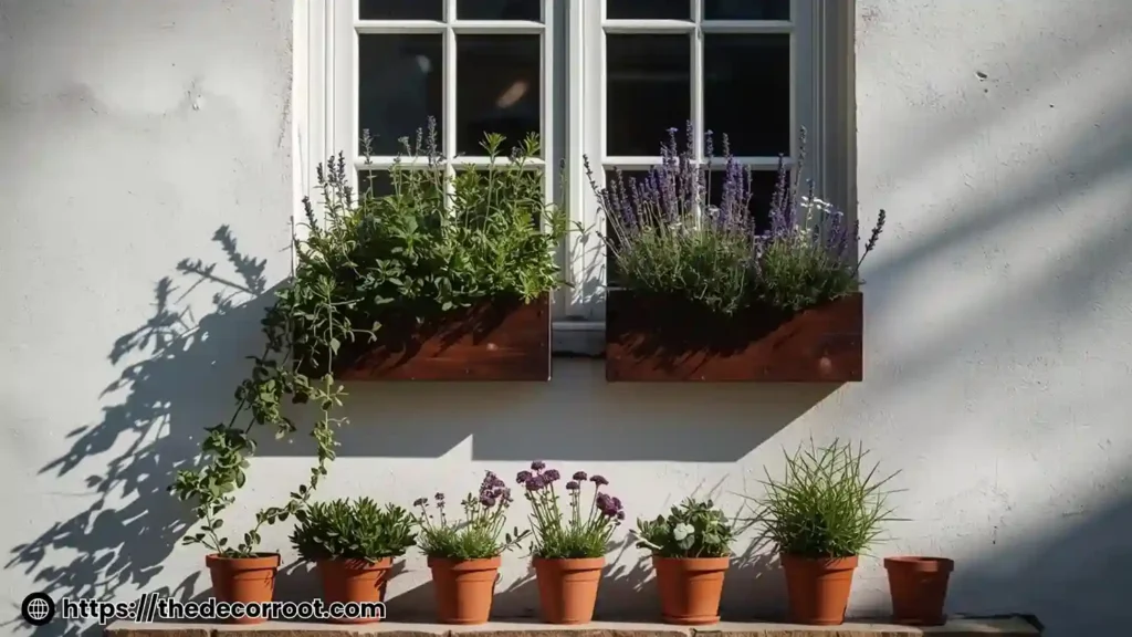 Outdoor planter box styling ideas featuring wooden window boxes with herbs and trailing flowers on a white wall