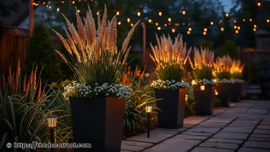 Outdoor planter box styling ideas at night with solar lights glowing inside tall dark planters on a patio