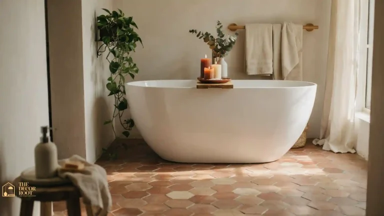 25 boho bathroom ideas that feel soulful and soft freestanding tub with trailing plants, candles, and linen towels in earthy tones
