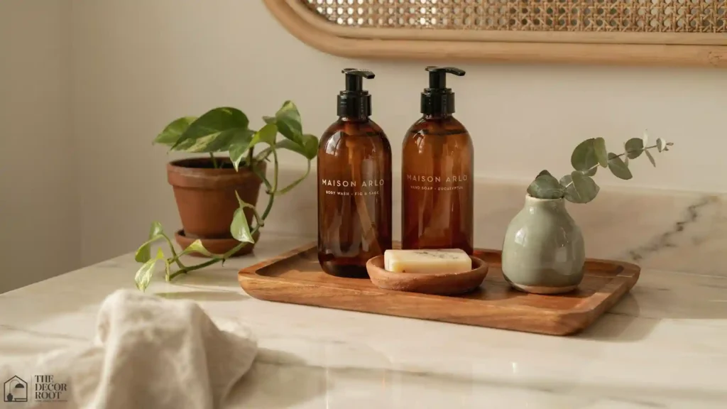 Boho bathroom vanity styled with wooden tray, amber glass bottles, terracotta soap dish, and eucalyptus sprig for a soulful soft look