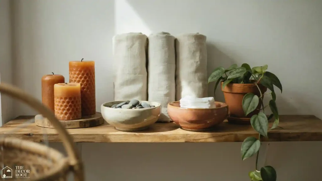 Boho bathroom open shelf with rolled linen towels, beeswax candles, trailing plant, and ceramic objects for a soulful soft sanctuary feel