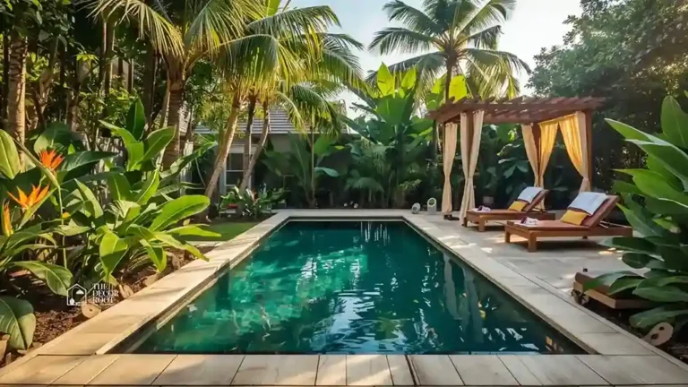 Small resort-style backyard pool with clear turquoise water, loungers, tropical plants, and an umbrella creating a private luxury escape.
