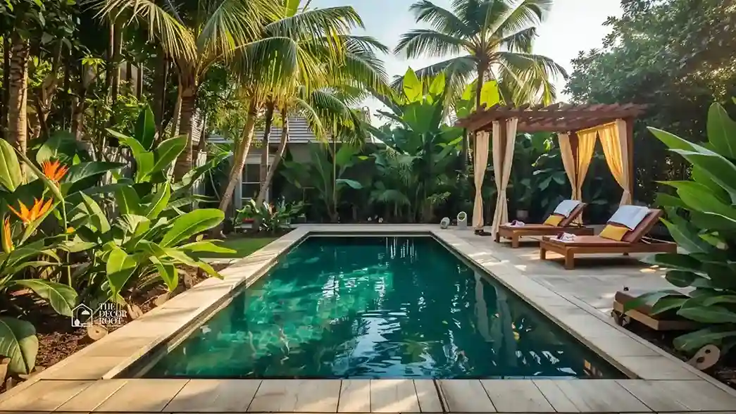 Small resort-style backyard pool with clear turquoise water, loungers, tropical plants, and an umbrella creating a private luxury escape.