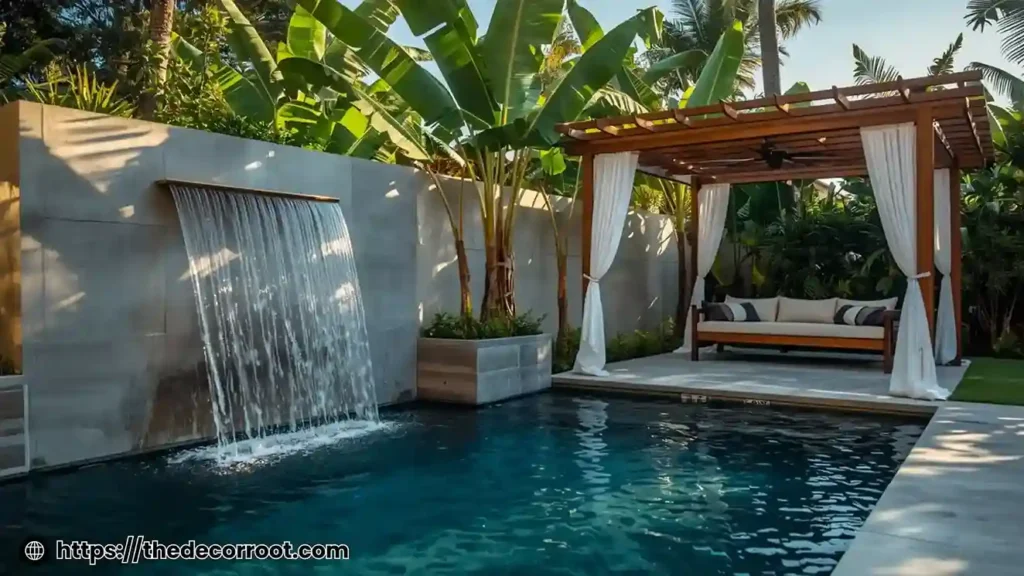 Small resort pool, daybed pergola, sheer descent water feature, tropical plants.