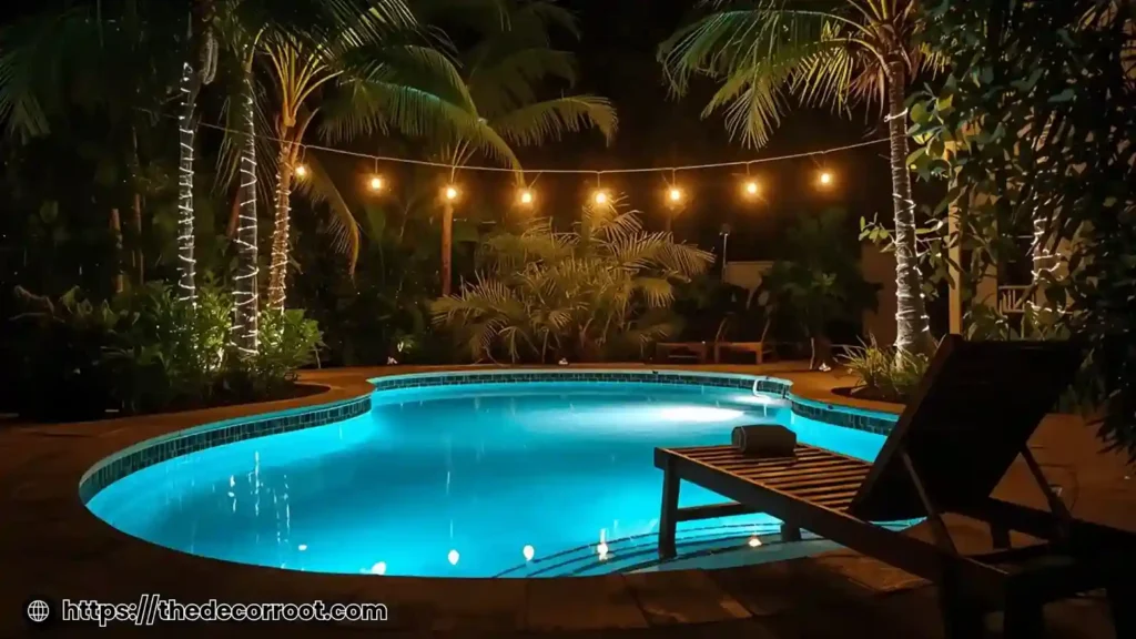 Small resort pool at night underwater LEDs, glowing tropical landscaping.