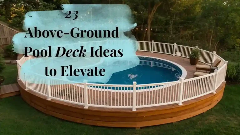 Beautiful above-ground pool deck ideas with wraparound wood decking and string lights at sunset