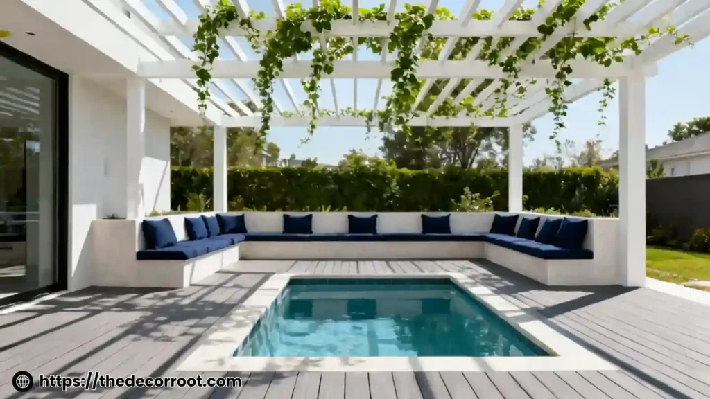 Multi-level above-ground pool deck ideas with built-in seating and pergola shade