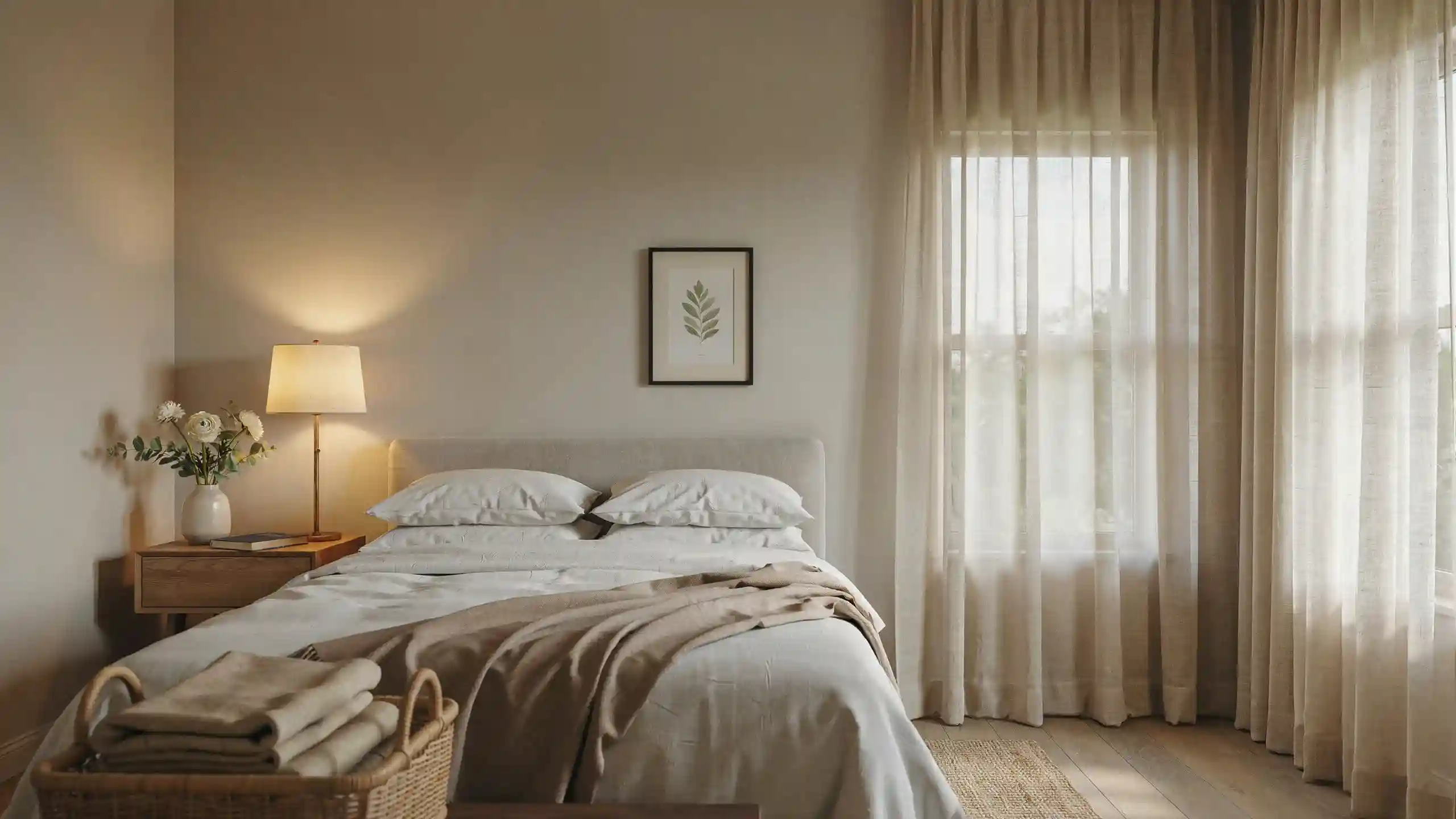 Cozy guest bedroom ideas with warm lighting, neutral linens, and welcoming decor