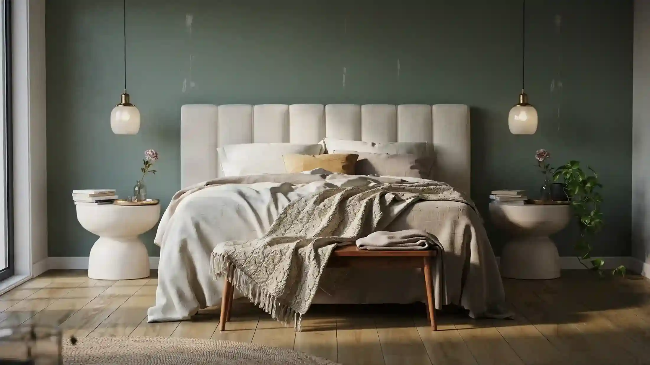 Master bedroom ideas with an upholstered headboard, layered neutral bedding, and warm pendant lights