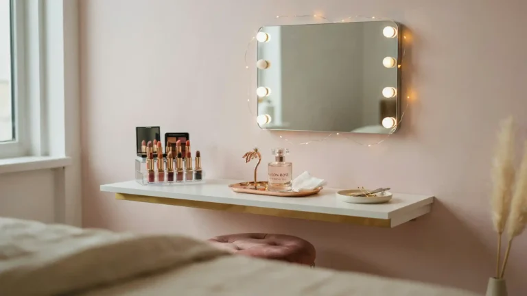 Instagram vanity ideas small bedroom with LED Hollywood mirror, organized makeup, and pink accents